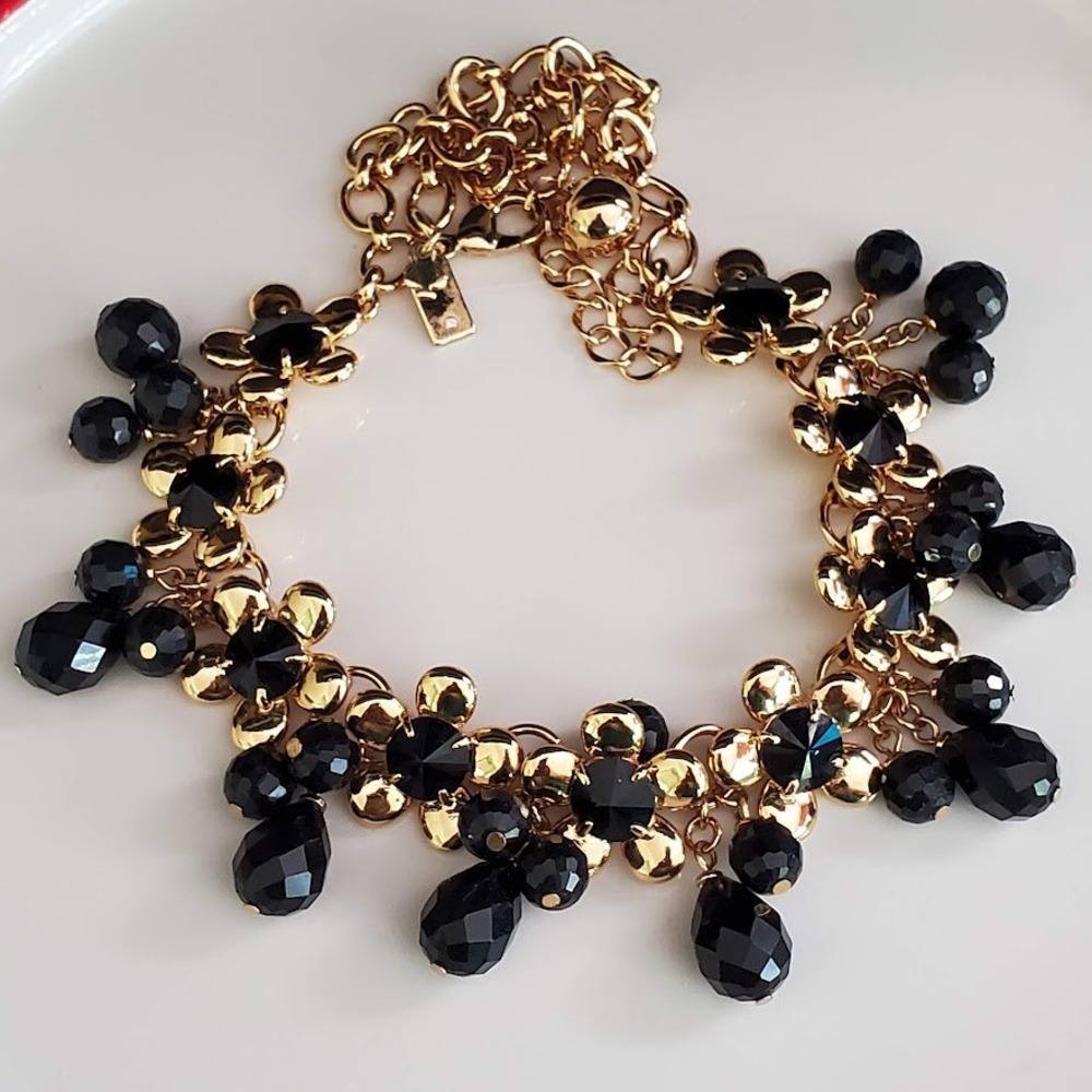 Kate Spade Sunset Blooms Gold Tone Black Faceted Bead Floral Statement Necklace - Picture 3 of 6